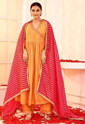 Embroidered Cotton Silk Pakistani Suit in Light Orange