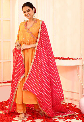 Embroidered Cotton Silk Pakistani Suit in Light Orange