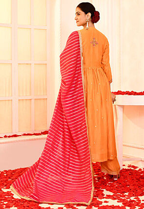 Embroidered Cotton Silk Pakistani Suit in Light Orange