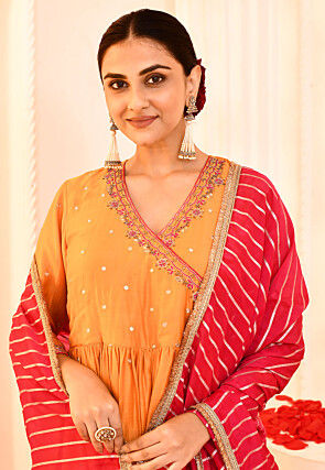 Embroidered Cotton Silk Pakistani Suit in Light Orange