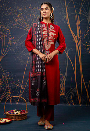 Embroidered Cotton Silk Pakistani Suit in Maroon