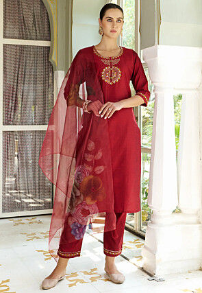 Embroidered Cotton Silk Pakistani Suit in Maroon