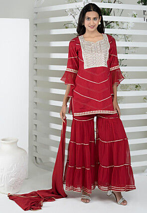 Embroidered Cotton Silk Pakistani Suit in Maroon