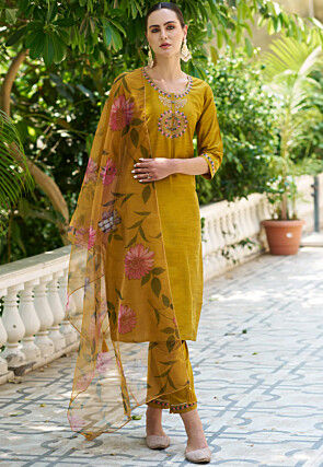 Embroidered Cotton Silk Pakistani Suit in Mustard