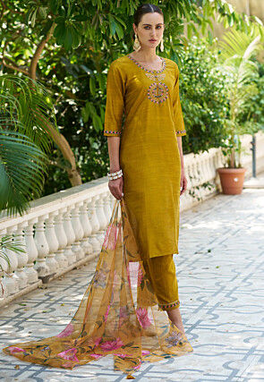 Embroidered Cotton Silk Pakistani Suit in Mustard