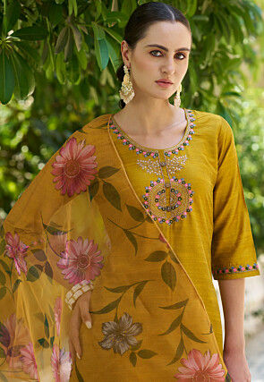 Embroidered Cotton Silk Pakistani Suit in Mustard