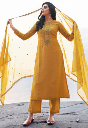 Embroidered Cotton Silk Pakistani Suit in Mustard
