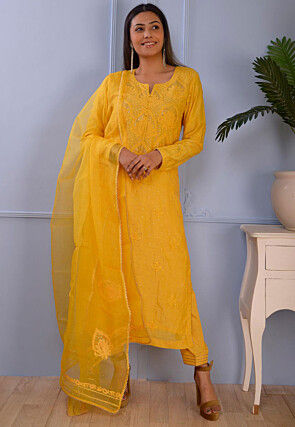 Embroidered Cotton Silk Pakistani Suit in Mustard