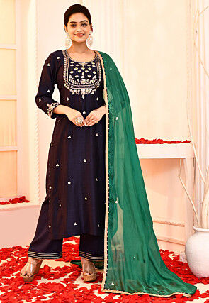Embroidered Cotton Silk Pakistani Suit in Navy Blue