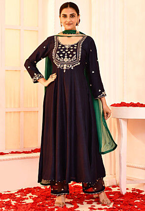 Embroidered Cotton Silk Pakistani Suit in Navy Blue