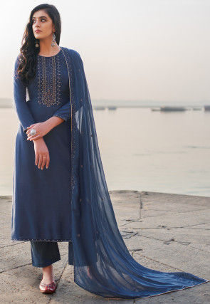 Embroidered Cotton Silk Pakistani Suit in Navy Blue