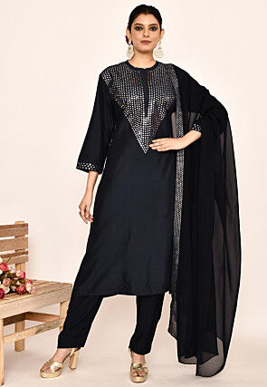 Embroidered Cotton Silk Pakistani Suit in Navy Blue