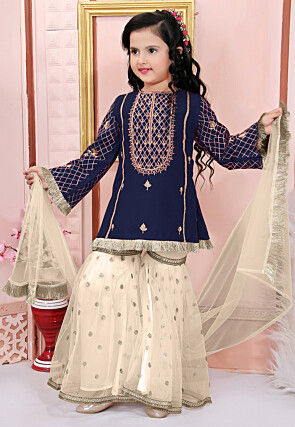 Embroidered Cotton Silk Pakistani Suit in Navy Blue