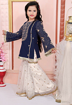 Embroidered Cotton Silk Pakistani Suit in Navy Blue