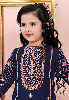 Embroidered Cotton Silk Pakistani Suit in Navy Blue
