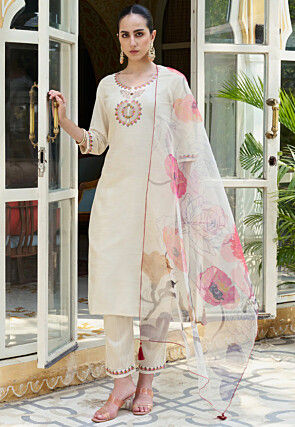 Embroidered Cotton Silk Pakistani Suit in Off White