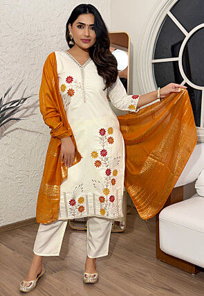 Embroidered Cotton Silk Pakistani Suit in Off White