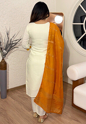 Embroidered Cotton Silk Pakistani Suit in Off White