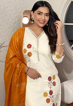 Embroidered Cotton Silk Pakistani Suit in Off White