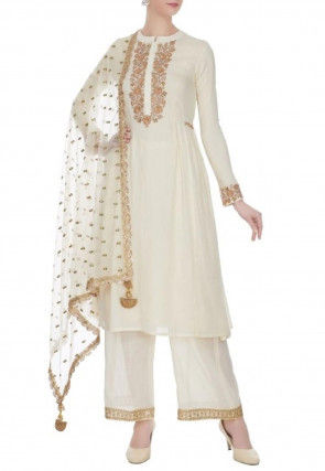 Embroidered Cotton Silk Pakistani Suit in Off White