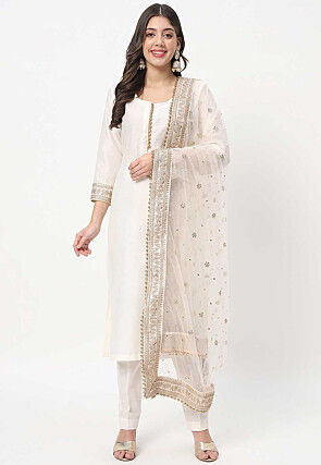 Embroidered Cotton Silk Pakistani Suit in Off White