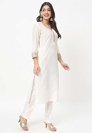 Embroidered Cotton Silk Pakistani Suit in Off White