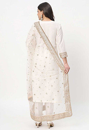Embroidered Cotton Silk Pakistani Suit in Off White