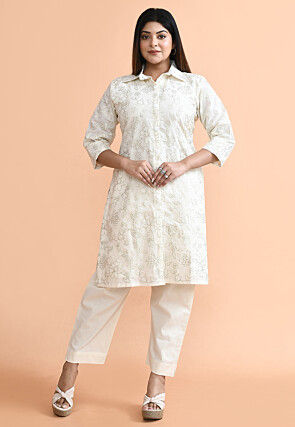 Embroidered Cotton Silk Pakistani Suit in Off White