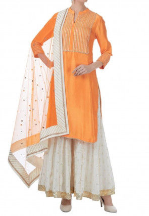 Embroidered Cotton Silk Pakistani Suit in Orange