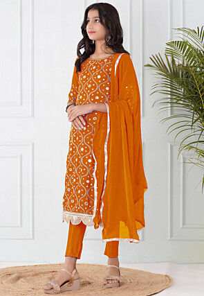Embroidered Cotton Silk Pakistani Suit in Orange