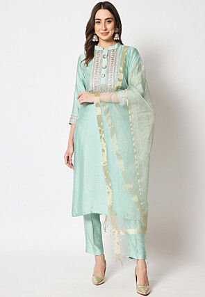 Embroidered Cotton Silk Pakistani Suit in Pastel Blue