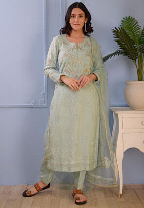 Embroidered Cotton Silk Pakistani Suit in Pastel Blue