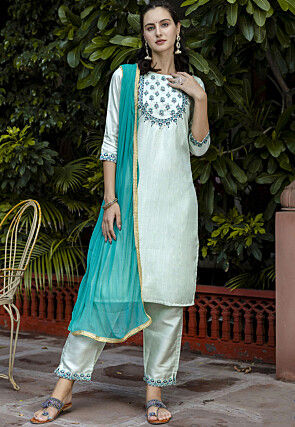 Embroidered Cotton Silk Pakistani Suit in Pastel Green