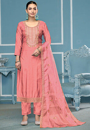 Embroidered Cotton Silk Pakistani Suit in Peach