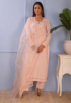 Embroidered Cotton Silk Pakistani Suit in Peach