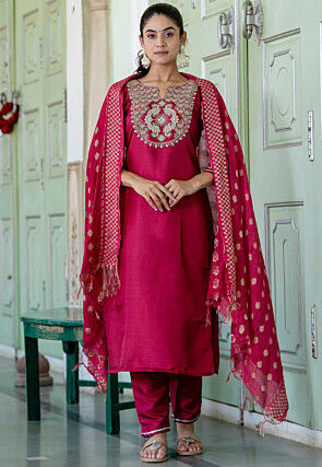 Embroidered Cotton Silk Pakistani Suit in Pink