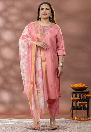 Embroidered Cotton Silk Pakistani Suit in Pink