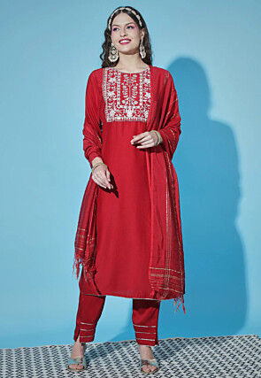 Embroidered Cotton Silk Pakistani Suit in Red