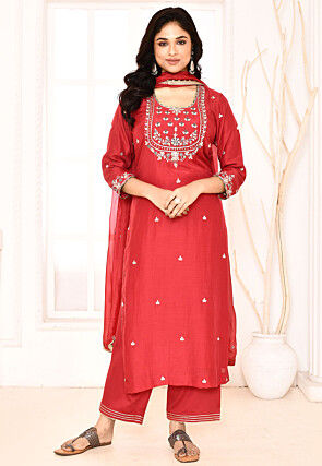 Embroidered Cotton Silk Pakistani Suit in Red