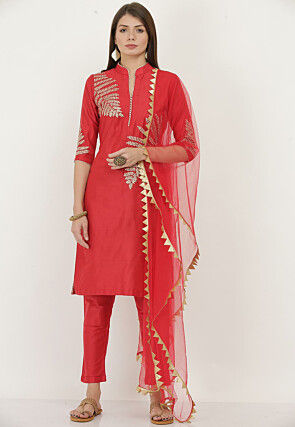 Embroidered Cotton Silk Pakistani Suit in Red