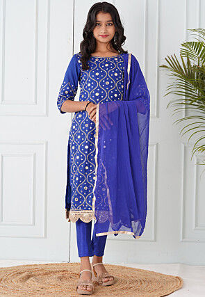 Embroidered Cotton Silk Pakistani Suit in Royal Blue
