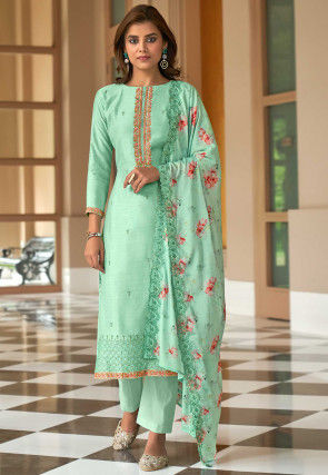 Embroidered Cotton Silk Pakistani Suit in Sea Green