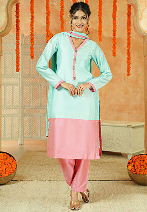 Embroidered Cotton Silk Pakistani Suit in Sky Blue and Pink