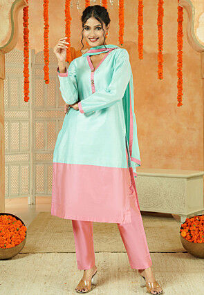 Embroidered Cotton Silk Pakistani Suit in Sky Blue and Pink