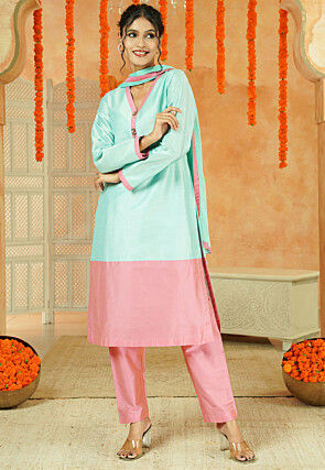 Embroidered Cotton Silk Pakistani Suit in Sky Blue and Pink