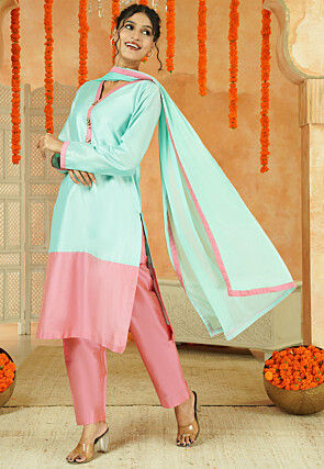 Embroidered Cotton Silk Pakistani Suit in Sky Blue and Pink