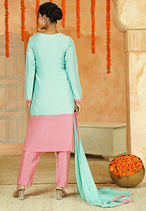 Embroidered Cotton Silk Pakistani Suit in Sky Blue and Pink