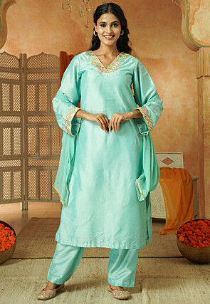 Embroidered Cotton Silk Pakistani Suit in Sky Blue
