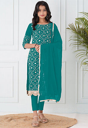 Embroidered Cotton Silk Pakistani Suit in Teal Green