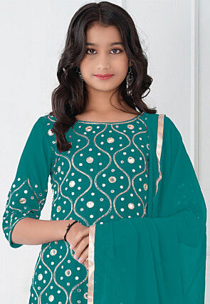Embroidered Cotton Silk Pakistani Suit in Teal Green
